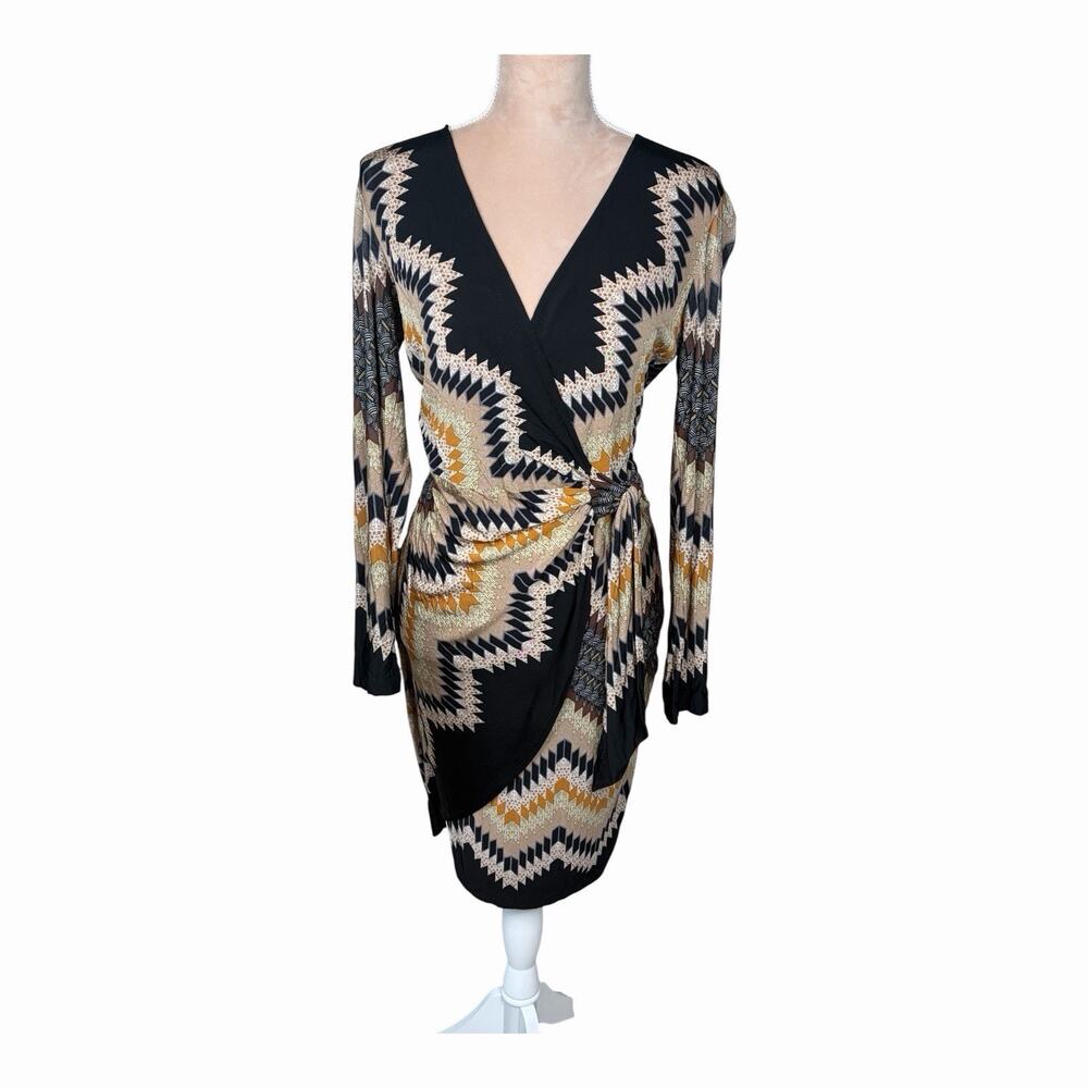 Cache Geometric Faux Wrap Knee Length Dress Size M